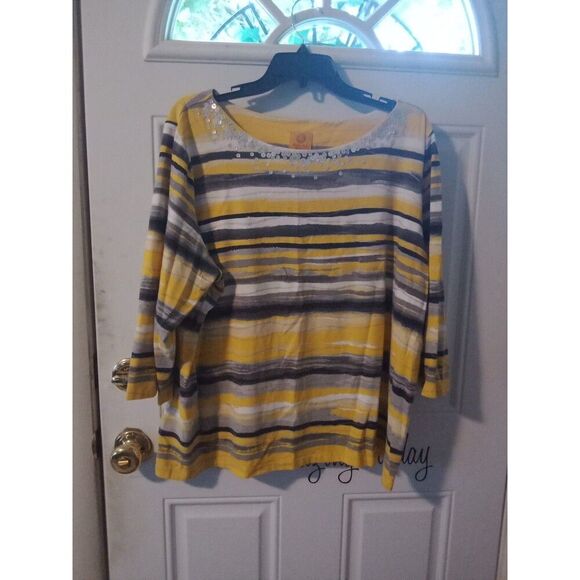 Top Ruby Rd 2X Yellow & Gray Striped Silver Sequins 3/4 Sleeve - Picture 2 of 6